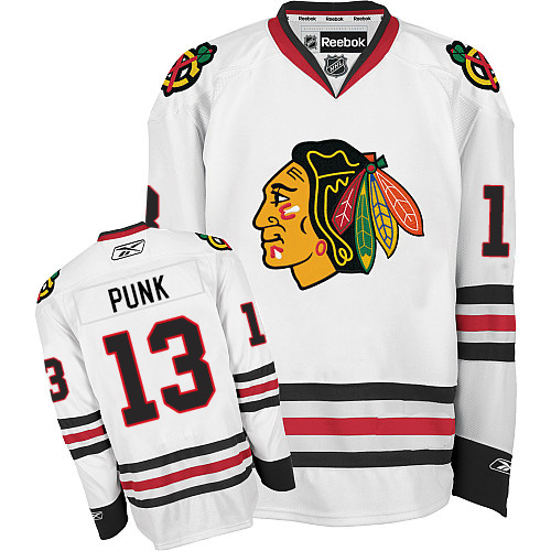 #13 Reebok Authentic CM Punk Men's White NHL Jersey - Away Chicago Blackhawks