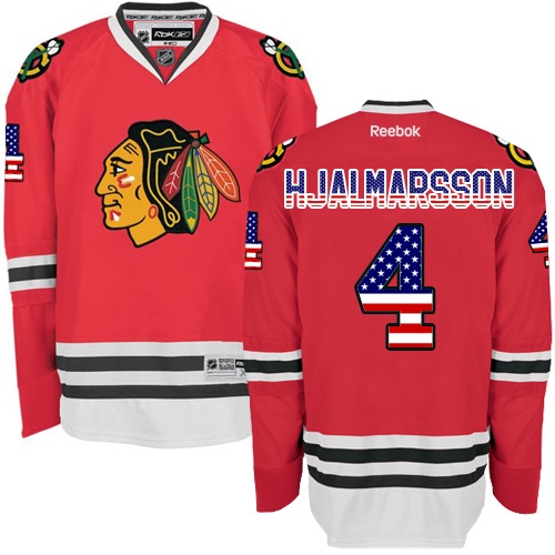 #4 Reebok Premier Niklas Hjalmarsson Men's Red NHL Jersey - Chicago Blackhawks USA Flag Fashion