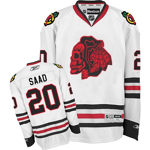 #20 Reebok Premier Brandon Saad Men's White NHL Jersey - Chicago Blackhawks Red Skull