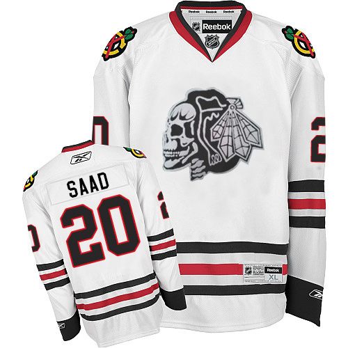 #20 Reebok Premier Brandon Saad Men's White NHL Jersey - Chicago Blackhawks White Skull