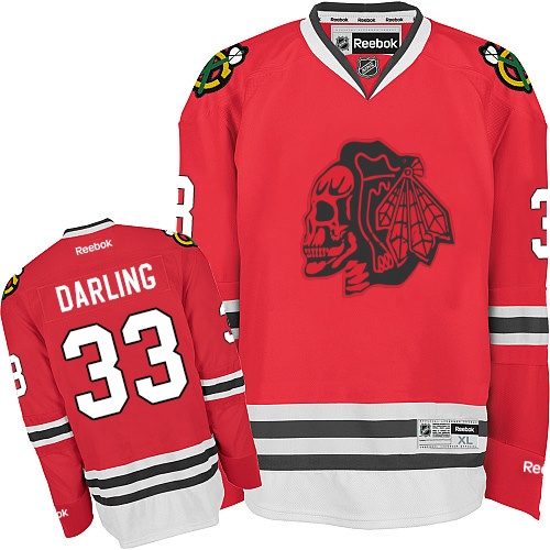 #33 Reebok Authentic Scott Darling Men's Red NHL Jersey - Chicago Blackhawks Red Skull