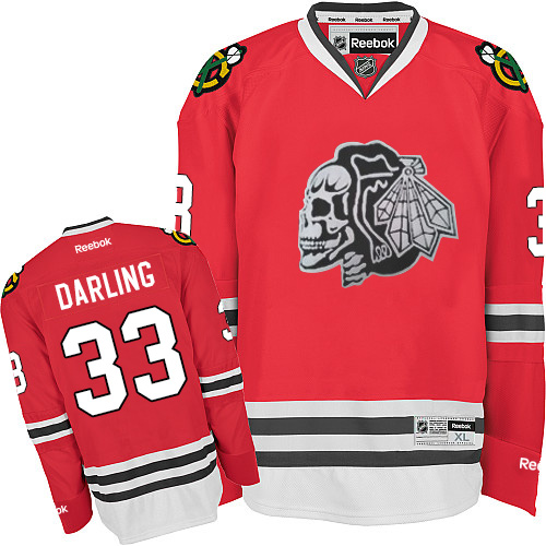 #33 Reebok Premier Scott Darling Men's Red NHL Jersey - Chicago Blackhawks White Skull