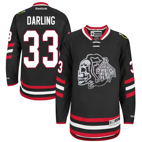 #33 Reebok Authentic Scott Darling Men's Black NHL Jersey - Chicago Blackhawks White Skull 2014 Stadium Series