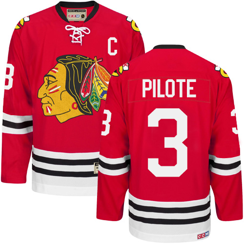 #3 CCM Authentic Pierre Pilote Men's Red NHL Jersey - Chicago Blackhawks New Throwback