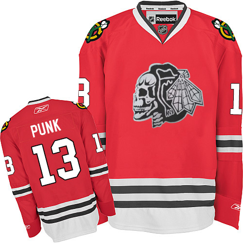#13 Reebok Authentic CM Punk Youth Red NHL Jersey - Chicago Blackhawks White Skull