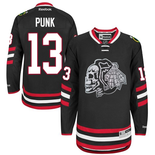 #13 Reebok Authentic CM Punk Youth Black NHL Jersey - Chicago Blackhawks White Skull 2014 Stadium Series