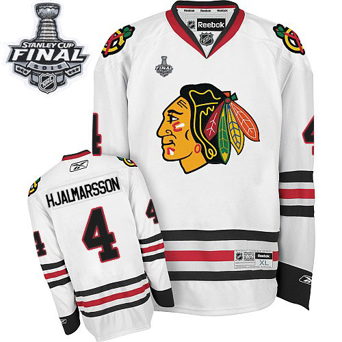 #4 Reebok Premier Niklas Hjalmarsson Men's White NHL Jersey - Away Chicago Blackhawks 2015 Stanley Cup