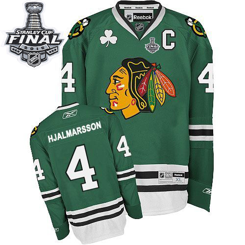 #4 Reebok Premier Niklas Hjalmarsson Men's Green NHL Jersey - Chicago Blackhawks 2015 Stanley Cup