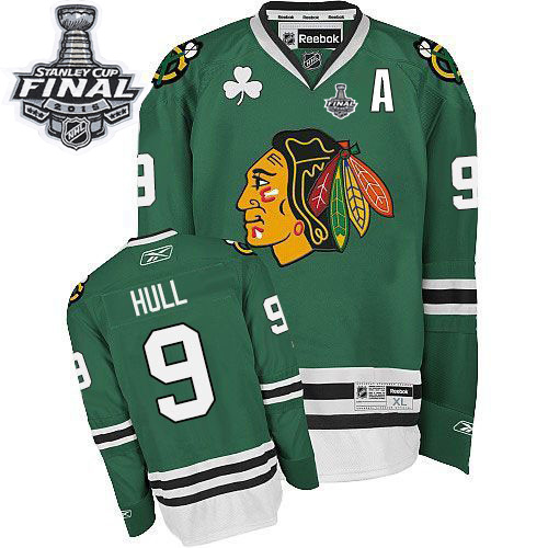 #9 Reebok Premier Bobby Hull Men's Green NHL Jersey - Chicago Blackhawks 2015 Stanley Cup