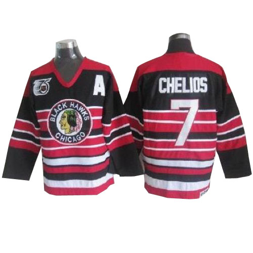 #7 CCM Premier Chris Chelios Men's Red/Black NHL Jersey - Chicago Blackhawks 75TH Throwback