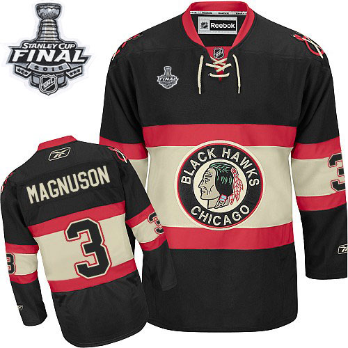 #3 Reebok Premier Keith Magnuson Men's Black NHL Jersey - New Third Chicago Blackhawks 2015 Stanley Cup