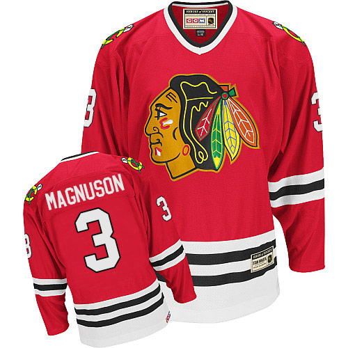 #3 CCM Authentic Keith Magnuson Men's Red NHL Jersey - Chicago Blackhawks Throwback