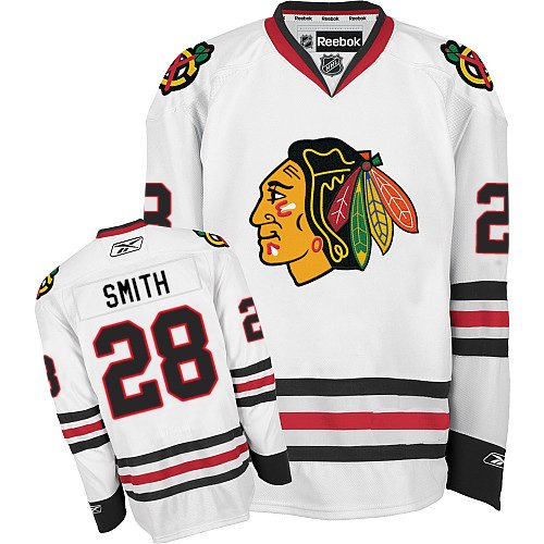 #28 Reebok Authentic Ben Smith Men's White NHL Jersey - Away Chicago Blackhawks