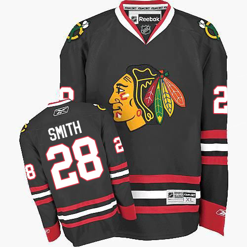 #28 Reebok Authentic Ben Smith Men's Black NHL Jersey - Third Chicago Blackhawks