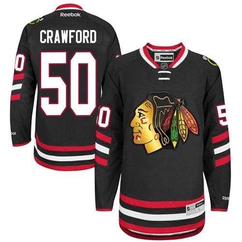 #50 Reebok Premier Corey Crawford Men's Black NHL Jersey - Chicago Blackhawks 2014 Stadium Series