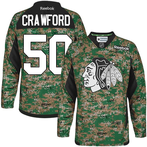 #50 Reebok Premier Corey Crawford Men's Camo NHL Jersey - Chicago Blackhawks Veterans Day Practice